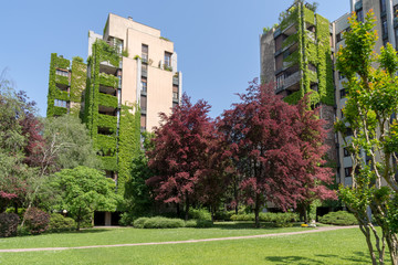Fototapeta na wymiar Apartment building with a large courtyard around the green