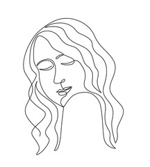 monochrome one line image of face of a young long-haired woman. continuous line art.