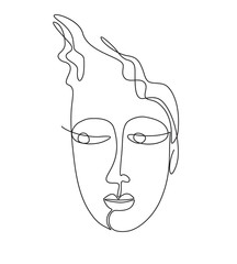 black one line image of face of a young curly woman. continuous line art.