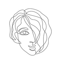 monochrome one line image of face of a smiling curly young woman. continuous line art.