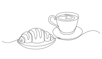 Fotobehang Een lijn ontbijt met croissant en koffie getekend in één lijnstijl.