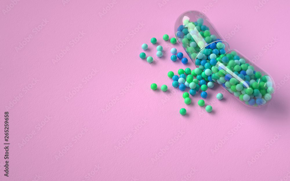 Poster opened colorful pill capsule, 3d rendering,conceptual image.