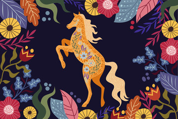 Art vector horizontal colorful illustration with beautiful abstract folk horse and flowers on a dark background.