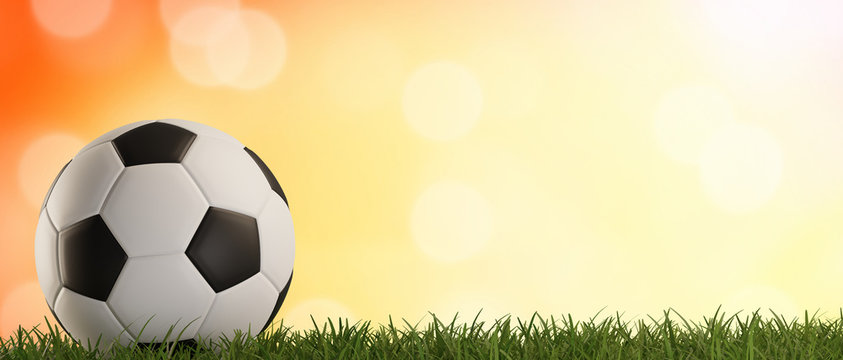 soccer ball green grass orange background 3d-illustration