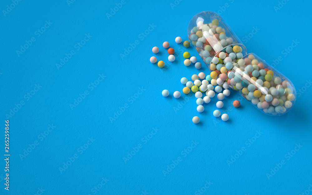 Poster opened colorful pill capsule, 3d rendering,conceptual image.