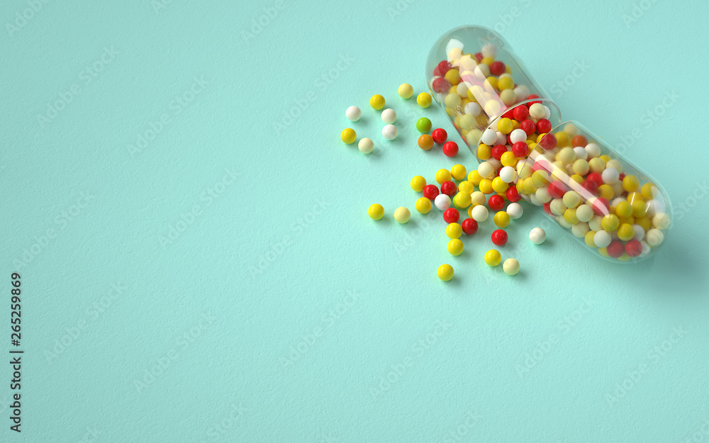 Poster opened colorful pill capsule, 3d rendering,conceptual image.