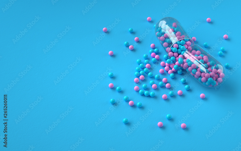 Poster opened colorful pill capsule, 3d rendering,conceptual image.