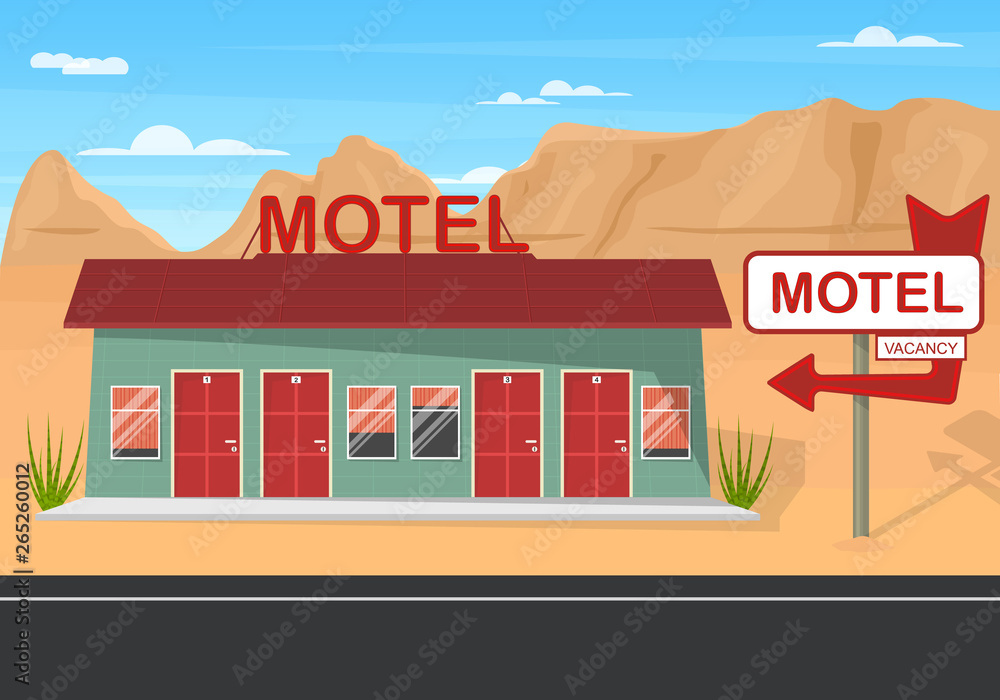 Wall mural Cartoon Roadside Motel on a Landscape Background. Vector