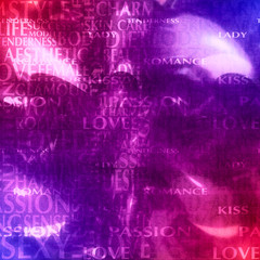 Woman and love relative words. Keywords cloud. 3D rendering. Abstract geometry backdrop