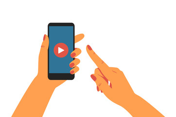 Human hand holding mobile phone and looking at the screen.  Blogger using social media. Vector illustration isolated on white background