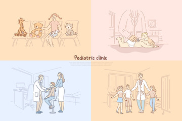 Pediatric clinic, baby in pediatrician office, girl in hospital waiting room, children visiting doctor banner template