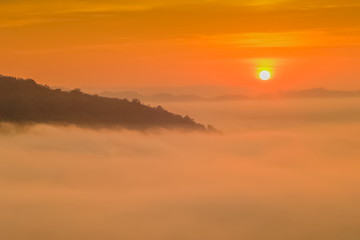 Fototapeta premium sunrise at Phu Huay Esan View Point, view of the hill around with sea of mist above Mekong river with red sun light in the sky background, Ban Muang, Sang Khom District, Nong Khai, Thailand.