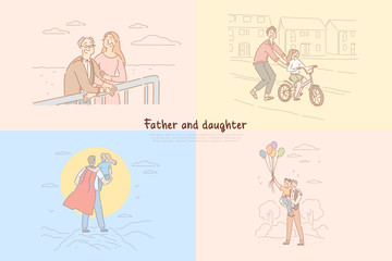 Father and daughter relationship, parent teaching kid riding bicycle, childhood happy moments banner template