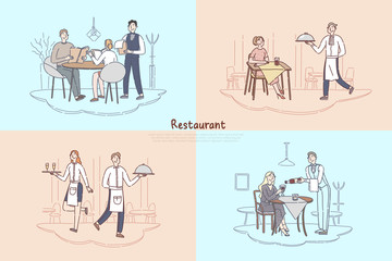 Restaurant staff, cafe waiter and waitress serving, customers making food order, couple sitting at coffee shop table banner