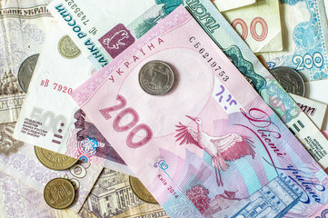 Russian rubles. Ukrainian hryvnia. Cash in bills and coins.