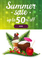 Summer sale, vertical discount web banner for your site with polygonal texture, coconut cocktail, strawberry, raspberry, cherry and ice cream on palm leaf