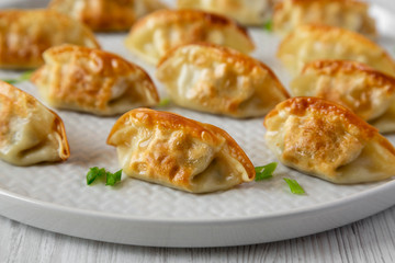 Homemade gyoza on a plate over white wooden background, side view. Close-up.