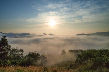 Fototapeta na wymiar sunrise at Phu Huay Esan View Point, view of the hill around with sea of mist above Mekong river with blue sky background, Ban Muang, Sang Khom District, Nong Khai, Thailand.
