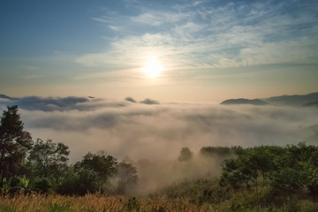 Naklejka premium sunrise at Phu Huay Esan View Point, view of the hill around with sea of mist above Mekong river with blue sky background, Ban Muang, Sang Khom District, Nong Khai, Thailand.