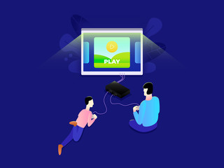 Game website concept of web page design Playing Game together with family or friend using console vector flat illustration. for website or mobile website
