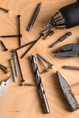 Working Tool on a Wooden Table. Set of tools