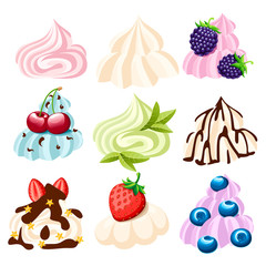 Whipped cream with fruits and berries. Icing cream collection. Flat vector illustration isolated on white background