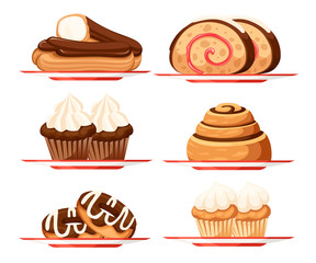 Sweet dessert pastry set. Collection of different types of cakes. Flat vector illustration isolated on white background. Icon for bakery shop
