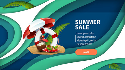 Summer sale, modern web banner in paper cut style for your website with coconut ice cream cocktail, beach umbrella, fruit, palm leaves and lifeline