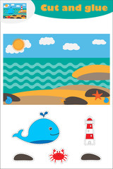 Whale at the sea cartoon, education game for the development of preschool children, use scissors and glue to create the applique, cut parts of the image and glue on the paper, vector illustration