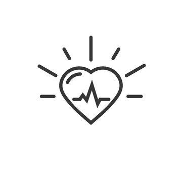 Healthy heart beating vector icon, line outline art heart symbol with pulse cardiogram isolated on white background clipart