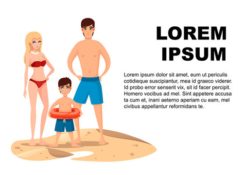 Young family on the beach. People stands on sand. Beautiful women, man and boy in swimsuits. Cartoon character design. Flat vector illustration on white background