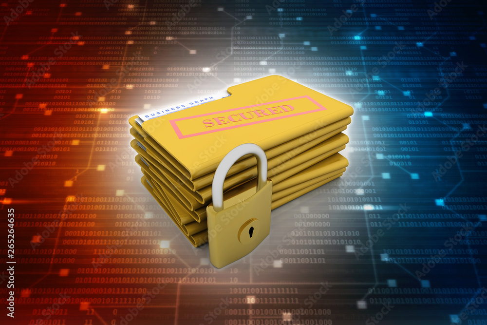 Poster yellow folder and lock. data security concept. 3d rendering