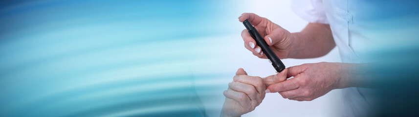 Blood sugar level checking. panoramic banner