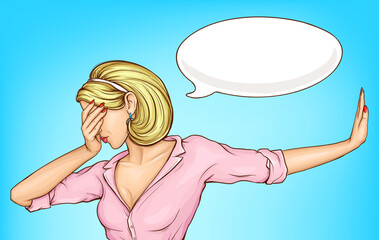 Shamed or disappointed woman dont want to look, turning away, raising hand in stop sign and placing palm across face pop art vector with copyspace and speak cloud. pierrot emotions and denial concept © vectorpocket