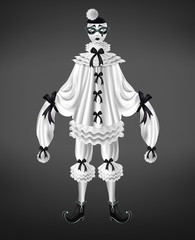 Pierrot white costume with black bows and pompons on long sleeves, twisted toe shoes, tear on sad face mask realistic vector isolated on black background. Pantomime actor, harlequin suit illustration