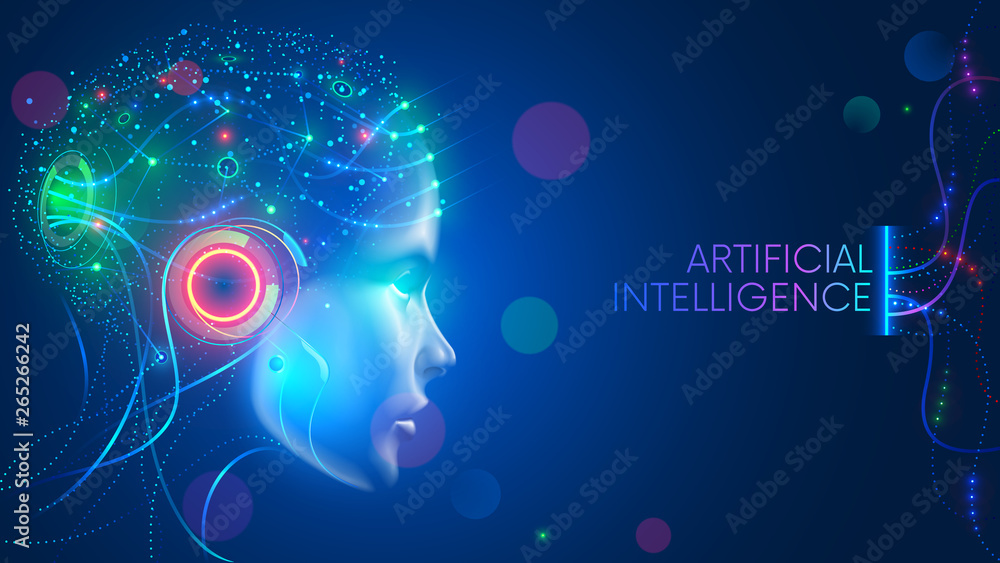 Aufkleber Artificial intelligence in humanoid head with neural network thinks. AI with Digital Brain is learning processing big data, analysis information. Face of cyber mind. Technology background concept.