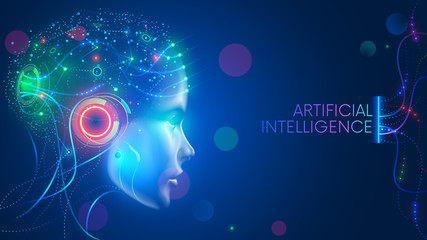 Artificial intelligence in humanoid head with neural network thinks. AI with Digital Brain is learning processing big data, analysis information. Face of cyber mind. Technology background concept. - obrazy, fototapety, plakaty