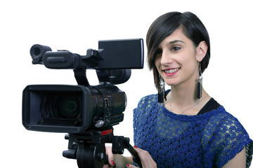 young woman with professional video camera, on white
