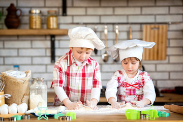 Children a boy and a girl prepare delicious gingerbread and cookies in the kitchen from flour and eggs
