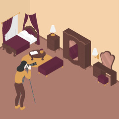 Flat isometric interior of bedroom, furniture Photographer with equipment. Apartment, traditional living room decoration.