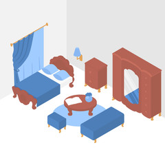 Flat isometric interior of bedroom, wooden furniture with classic design. Apartment, traditional living room decoration. Nightstand, bed and drawers. Wardrobe, mirror and ottoman