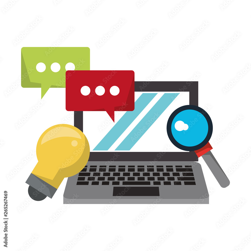 Poster computer with speech bubble and light bulb