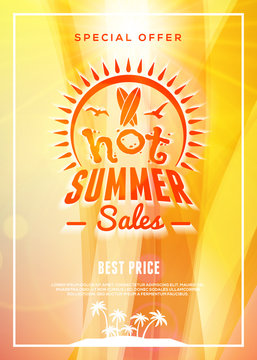 Summer sale flyer or poster. Summer discount label. Vector template with colorful abstract background