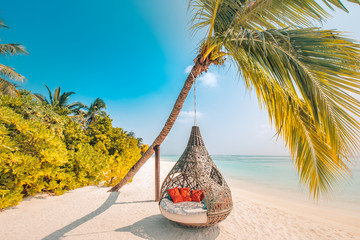 Chill lounge zone on the sandy beach, Maldives island. Beautiful tropical Maldives beach under cloudy sky with swings on coconut palm. Luxury vacation