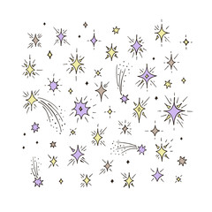 Set of hand drawn stars. Sketch different color stars in vintage style. Vector illustration. Design element.