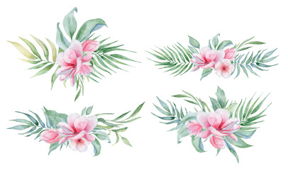 Tropical watercolor flowers and leaves. Exotic wreath isolated on white background. 