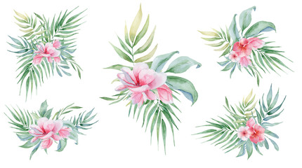 Tropical watercolor flowers and leaves. Exotic wreath isolated on white background. 