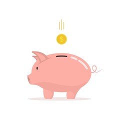 Piggy bank with falling coin. Template design for investment, open a bank deposit, keeping or saving money. Symbol of New Year 2019. Business and money concept.