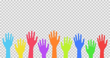 Colorful up hands isolated on transparent background. Friendship or group therapy symbol. Template design for volunteers, celebration, birthday, dancing, joy, fun.