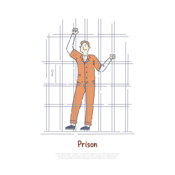 Prisoner Behind Bars, Inmate In Jail Cell, Sentenced Man In Orange Jumpsuit, Criminal Imprisonment Banner